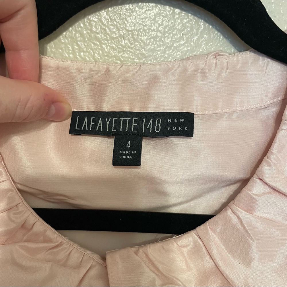 Lafayette 148 New York Silk Pink Sleeveless Blouse Ruffle Collar Bow Button Up - Picture 6 of 11